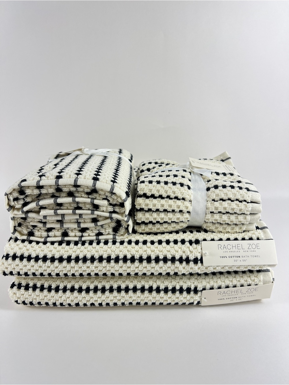 Rachel Zoe Bath Towel Set Black & Cream Striped Dots Soft 100% Cotton 8 Pc NEW
